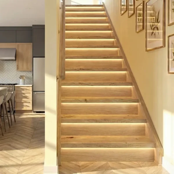 13 Rustic Oak Tread With Oak Veneered Riser Straight Set - Modern LED Range